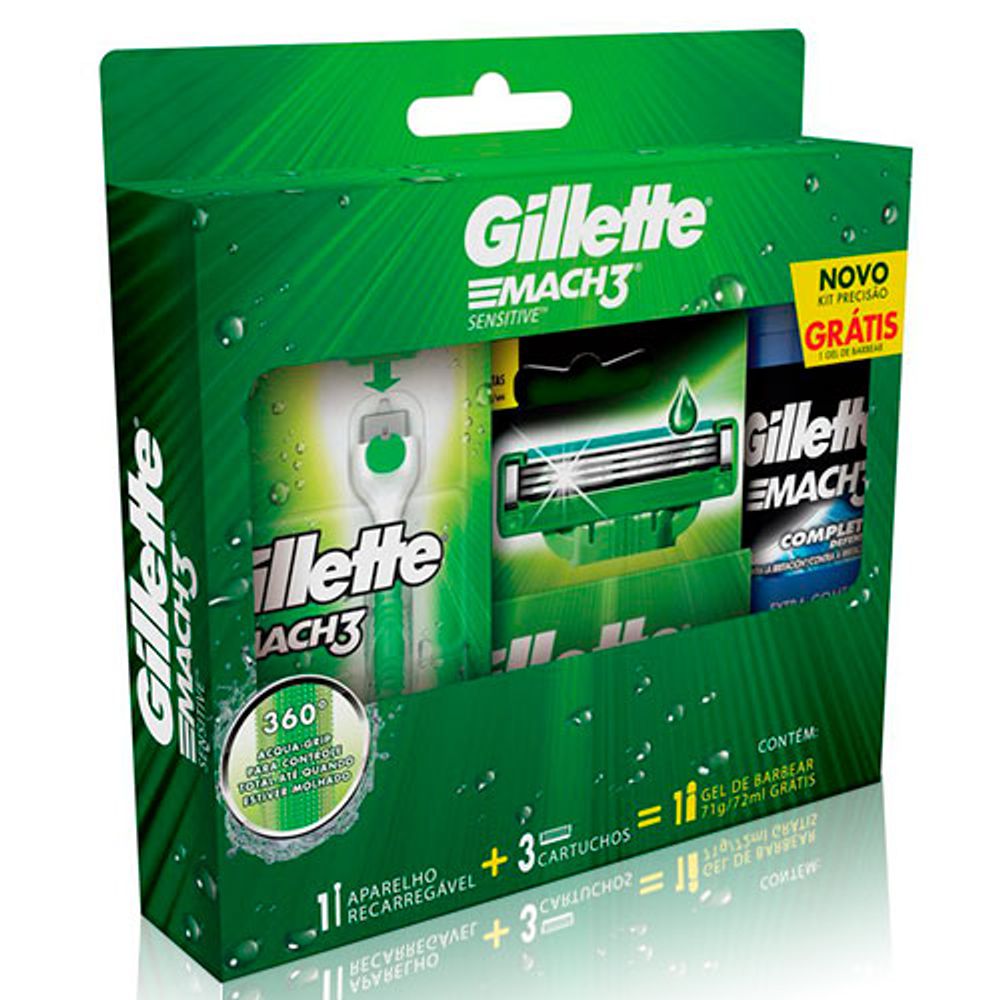 Kit Gillette Mach3 Aqua-Grip Sensitive + 2 Cargas + Gel de Barbear ...