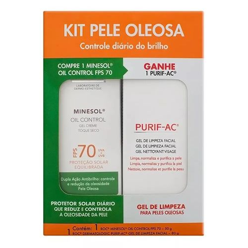 Kit Roc Minesol Protetor Solar Facial Toque Seco FPS 70 50g + Gel de Limpeza PURIF-AC 80ml Kit Roc Minesol Protetor Solar Facial Toque Seco FPS 70 50g + Gel de Limpeza PURIF-AC 80ml
