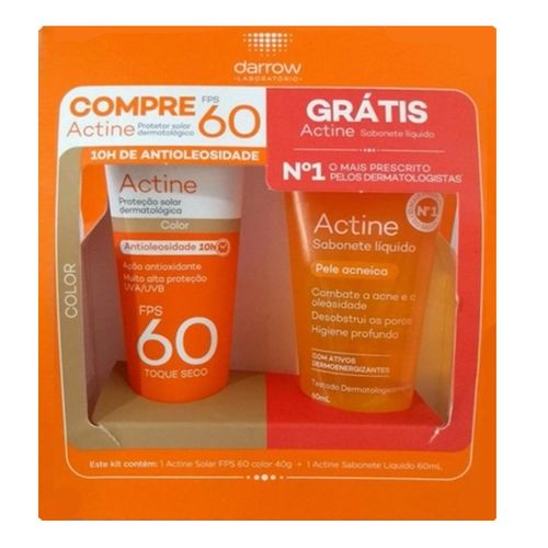 Kit Protetor Solar Facial Darrow Actine FPS60 Color 40g + Sabonete Líquido 60ml Kit Protetor Solar Facial Darrow Actine FPS60 Color 40g + Sabonete Líquido 60ml