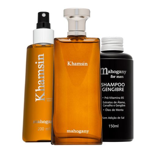 Kit Mahogany Desodorante Spray + Fragrância Khamsin+ Shampoo For Men 150ml Kit Mahogany Desodorante Spray + Fragrância Khamsin+ Shampoo For Men 150ml
