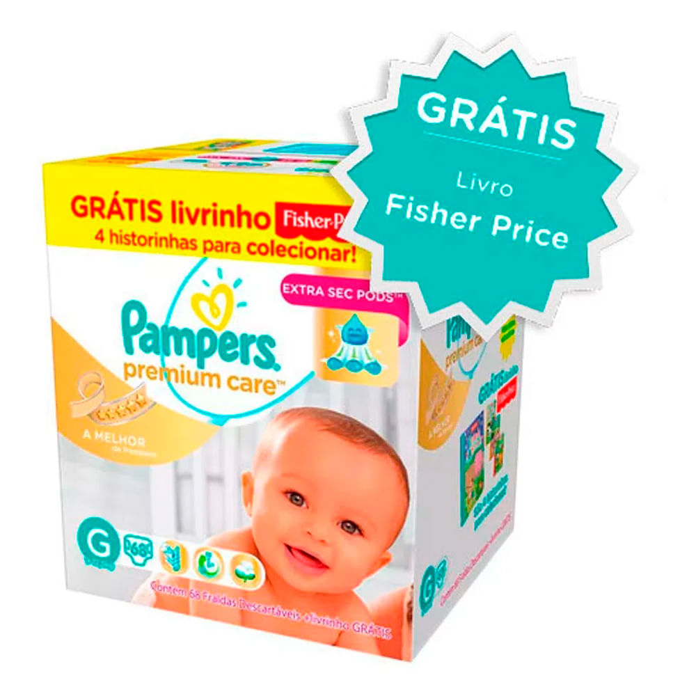 Fralda Pampers Premium Care G 68 Unidades + Livro Fisher Price ...