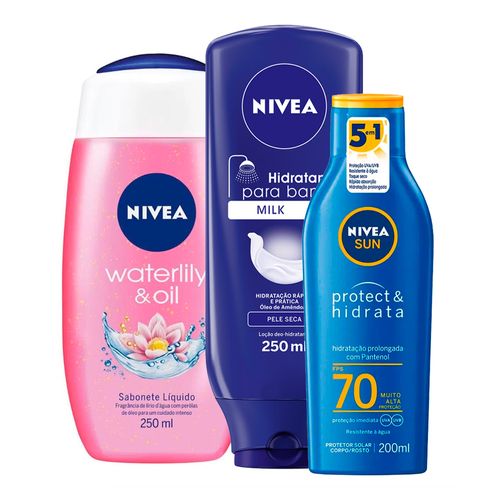 935138185---Kit-Nivea-Sabonete-Liquido-Water-Lily-e-Oil-250ml---Hidratante-Para-Banho-Body-Milk-250ml---Protetor-Solar-Sun-Protect-e-Hidrata-FPS70-200ml