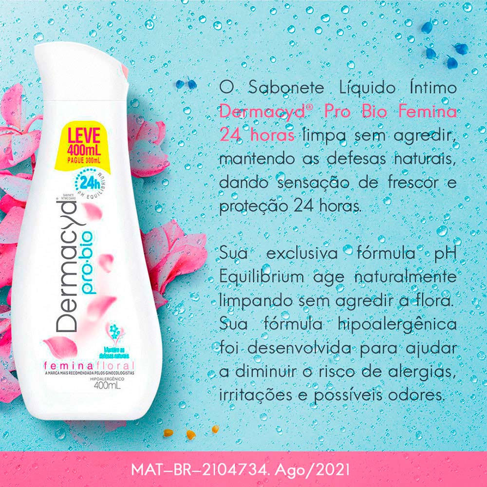 Pamsibc Professional Derma Fluid 20アンプル Sabonete Líquido Íntimo Dermacyd Femina Floral 400ml - Drogarias