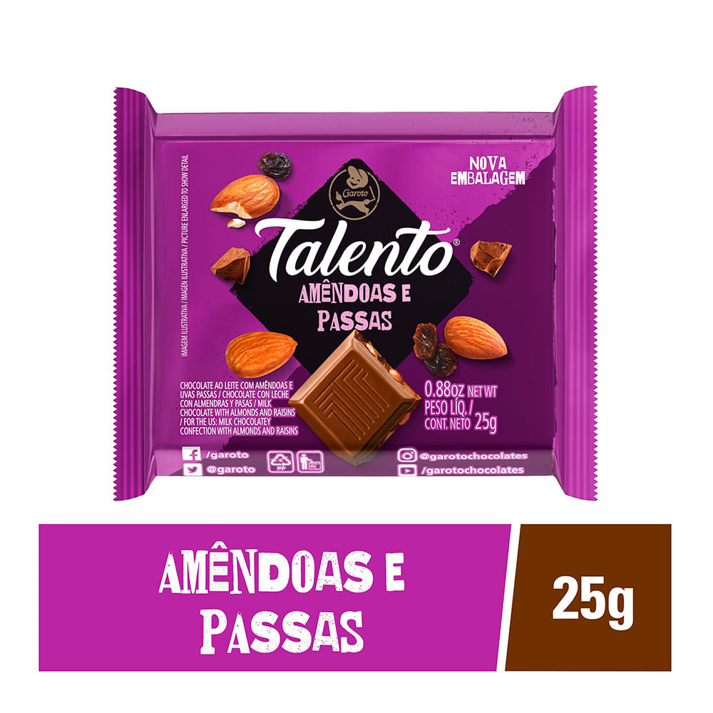 Chocolate Garoto Talento Ao Leite com Amêndoas e Passas 25g Drogarias