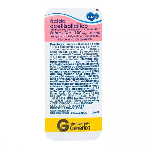 Ácido Acetilsalicílico Infantil 100mg Genérico EMS 10 Comprimidos Ácido Acetilsalicílico Infantil 100mg Genérico EMS 10 Comprimidos