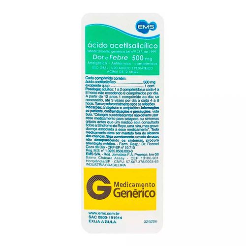 Ácido Acetilsalicílico Adulto 500mg Genérico EMS 10 Comprimidos Ácido Acetilsalicílico Adulto 500mg Genérico EMS 10 Comprimidos