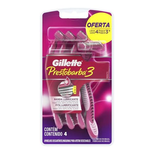 Aparelho de Depilar Descartável Feminino Gillette Prestobarba3 4 Unidades