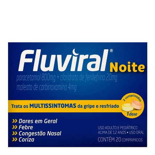 Antigripal, Analgésico, Antitérmico E Descongestionante Fluviral Noite 800Mg + 20Mg + 4Mg 20 Comprimidos