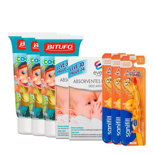 Kit-Absorvente-Para-Seios-Ever-Care-30-Unidades-2-Pacotes--Escova-de-Dente-2-a-5-Anos-1-Unidade-3-Pacotes--Gel-Dental-90g-3-Unidades