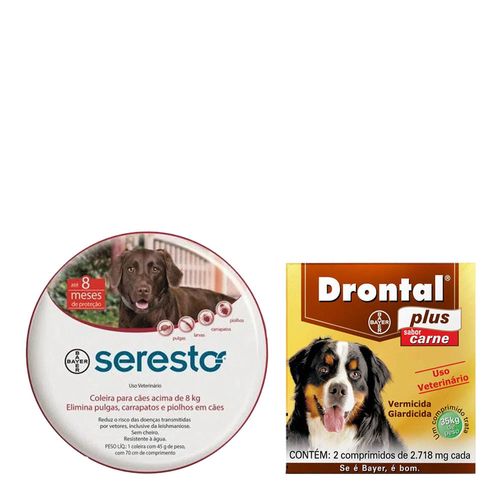 SERESTO Coleira Antipulgas e Carrapatos Acima de 8 Kg GANHE 1 DRONTAL PLUS para cães com mais de 35kg cx com 2 comprimidos sabor carne SERESTO Coleira Antipulgas e Carrapatos Acima de 8 Kg GANHE 1 DRONTAL PLUS para cães com mais de 35kg cx com 2 comprimidos sabor carne