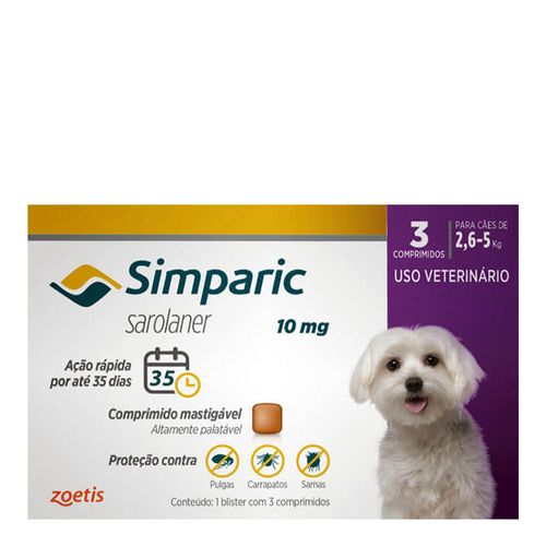simparic antipulgas para Cães de 2,6 a 5Kg - 10mg - 3 comprimidos simparic antipulgas para Cães de 2,6 a 5Kg - 10mg - 3 comprimidos