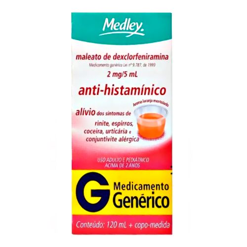Maleato de Dexclorfeniramina 0,4mg/ml Xarope Genérico Medley 120ml Maleato de Dexclorfeniramina 0,4mg/ml Xarope Genérico Medley 120ml