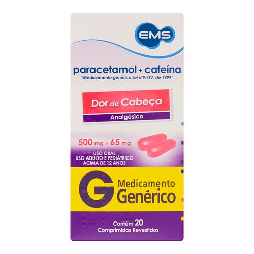 Analgésico E Antitérmico Paracetamol 500Mg + Cafeína 65Mg Genérico Ems 20 Comprimidos Revestidos