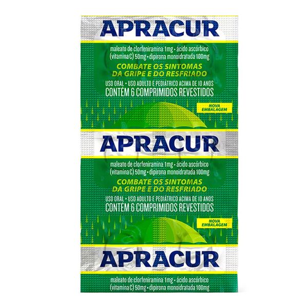 Antigripal, Analgésico, Antitérmico e Antialérgico Apracur 1mg + 50mg + 100mg 6 Comprimidos Revestidos