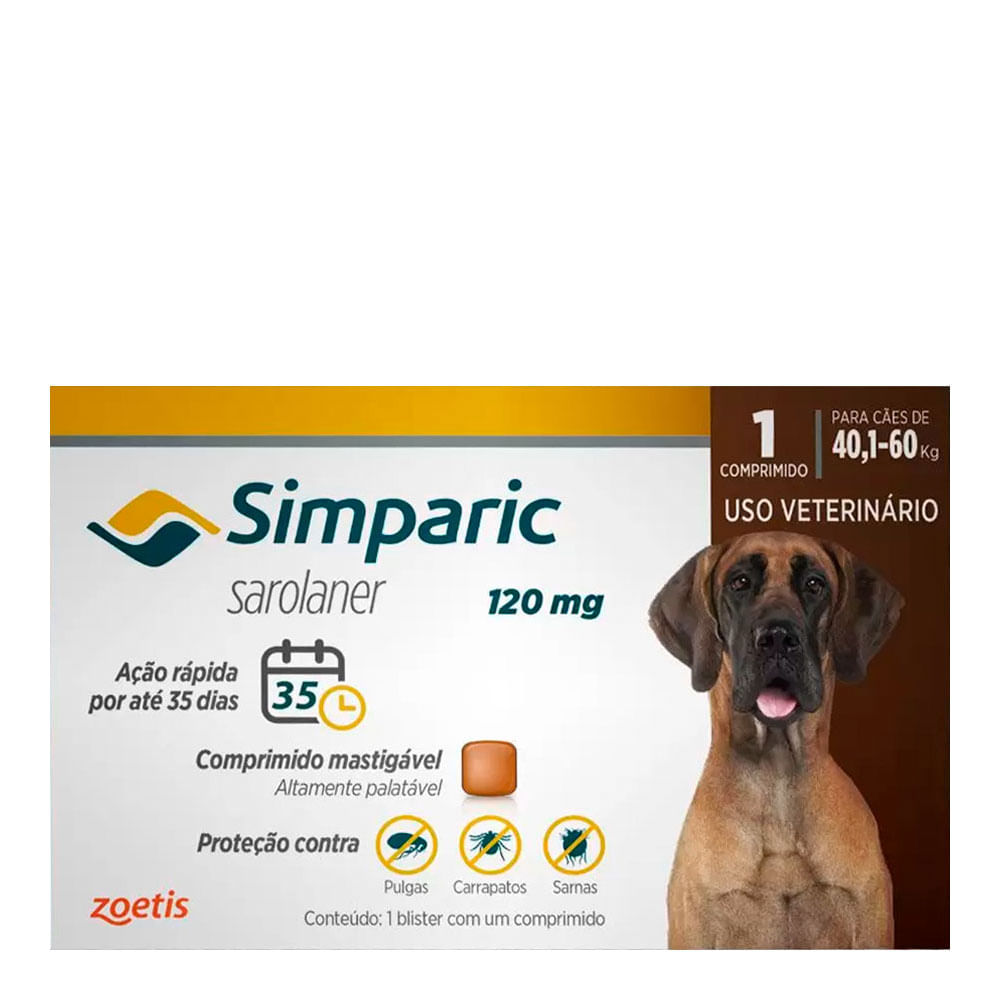 Simparic 120mg (40,1kg/60kg) c/ 1comp - Zoetis - Antipulga e