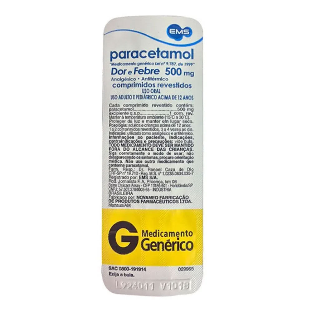 Analgésico e Antitérmico Paracetamol 500mg Genérico EMS 4 Comprimidos