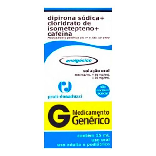 Dipirona Sódica + Cloridrato de Isometepteno + Cafeína Genérico Prati Donadutti 15ml Gotas Dipirona Sódica + Cloridrato de Isometepteno + Cafeína Genérico Prati Donadutti 15ml Gotas