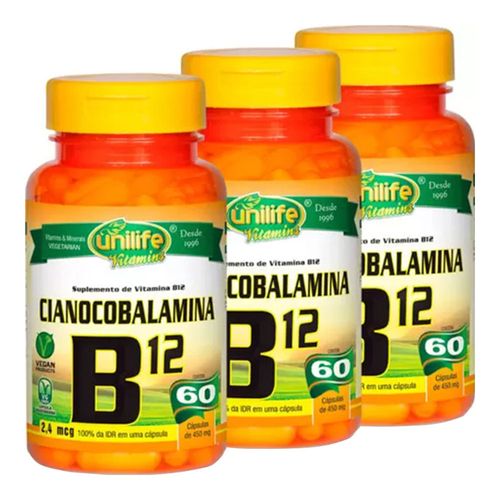 Pack Vitamina B12 Cianocobalamina 3 unidades - Unilife - 60 Cápsulas de 450mg Pack Vitamina B12 Cianocobalamina 3 unidades - Unilife - 60 Cápsulas de 450mg
