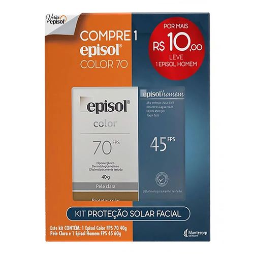 Kit Protetor Solar Facial Episol Color Pele Clara FPS70 40g + Episol Homem FPS45 60g Kit Protetor Solar Facial Episol Color Pele Clara FPS70 40g + Episol Homem FPS45 60g