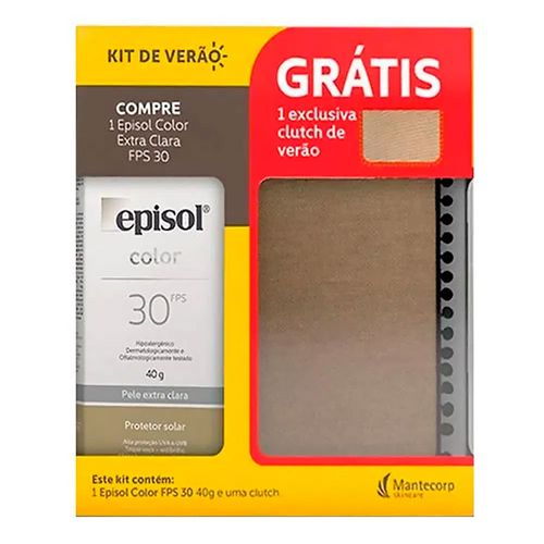 Kit Protetor Solar Facial Episol FPS30 Cor Extra Clara 40g + Clutch de Verão Kit Protetor Solar Facial Episol FPS30 Cor Extra Clara 40g + Clutch de Verão