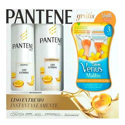 Kit Pantene Liso Extremo Shampoo + Condicionador 400ml Grátis Aparelho Gillette Venus Malibu - 2 Unidades Kit Pantene Liso Extremo Shampoo + Condicionador 400ml Grátis Aparelho Gillette Venus Malibu - 2 Unidades
