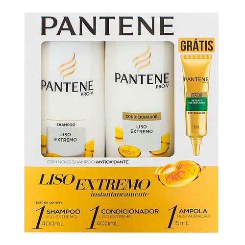 Kit Pantene Liso Extremo Shampoo 400ml + Condicionador 200ml + Ampola de Tratamento 15ml