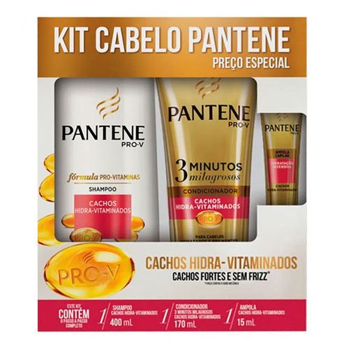 Kit Pantene Shampoo Cachos Hidra-Vitaminados + Condicionador 3 Minutos Milagrosos 170ml + Ampola 15ml