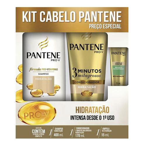 Kit Pantene Shampoo Hidratação 400ml + Condicionador 3 Minutos Milagrosos 170ml + Ampola 15ml Kit Pantene Shampoo Hidratação 400ml + Condicionador 3 Minutos Milagrosos 170ml + Ampola 15ml
