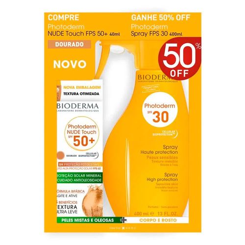 Kit Photoderm Protetor Solar Facial Nude Touch Dourado FPS50+ 40ml + Protetor Solar Spray FPS30 400ml Kit Photoderm Protetor Solar Facial Nude Touch Dourado FPS50+ 40ml + Protetor Solar Spray FPS30 400ml