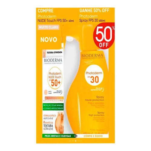 Kit Photoderm Protetor Solar Facial Nude Touch Muito Claro FPS50+ 40ml + Protetor Solar Spray FPS30 400ml Kit Photoderm Protetor Solar Facial Nude Touch Muito Claro FPS50+ 40ml + Protetor Solar Spray FPS30 400ml