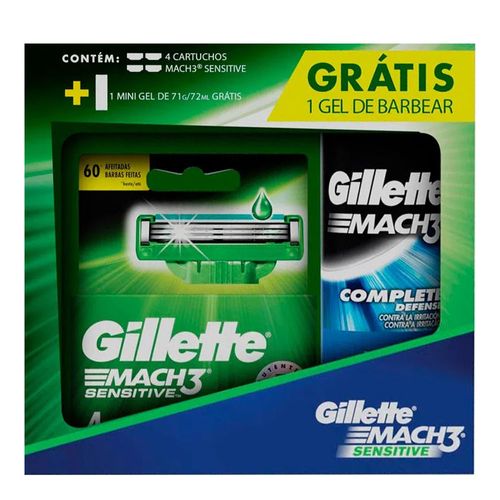 Kit Gillette Carga Mach 3 Sensitive - 4 Unidades + Mini Gel de Barbear Pele Sensível 71g Kit Gillette Carga Mach 3 Sensitive - 4 Unidades + Mini Gel de Barbear Pele Sensível 71g