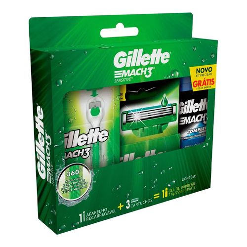 Kit Gillette Mach3 Aqua-Grip Sensitive + 2 Cargas + Gel de Barbear Complete Defense 72 ml Kit Gillette Mach3 Aqua-Grip Sensitive + 2 Cargas + Gel de Barbear Complete Defense 72 ml