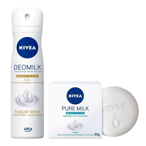 Kit Nivea Desodorante Aerosol Deomilk Toque Seco 150ml + Sabonete em Barra Pure Milk Sensitive 90g