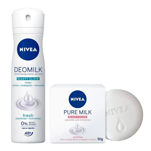 Kit Nivea Desodorante Aerosol Deomilk Fresh 150ml + Sabonete em Barra Pure Milk 90g