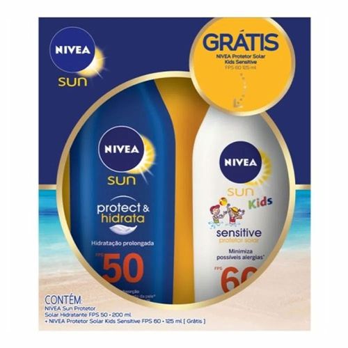 Kit Protetor Solar Nivea Sun FPS50 200ml Grátis Protetor Solar Nivea Sun Kids Sensitive FPS60 125ml Kit Protetor Solar Nivea Sun FPS50 200ml Grátis Protetor Solar Nivea Sun Kids Sensitive FPS60 125ml