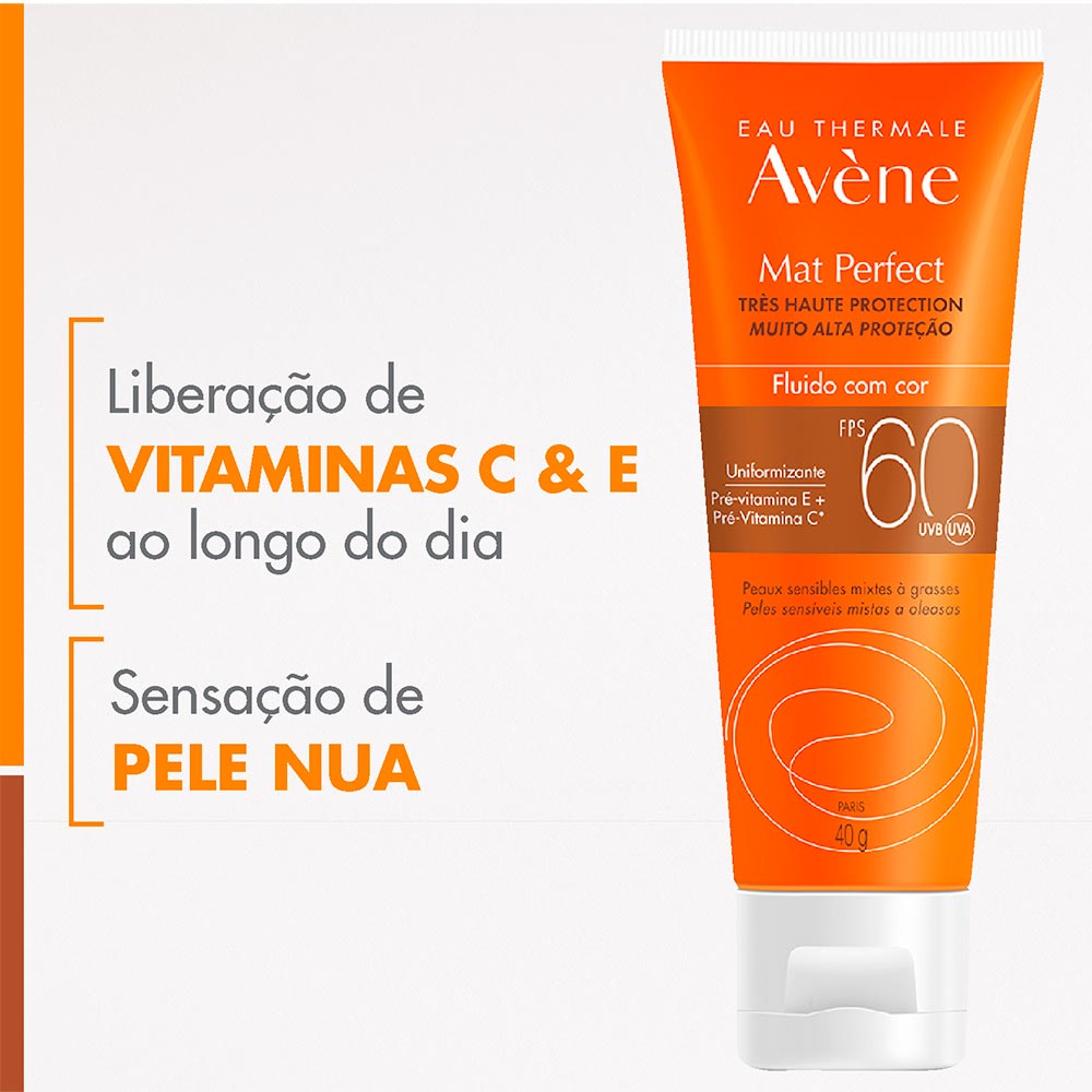 Protetor Solar Facial Avène FPS 60 Mat Perfect com Cor 40g Fluido