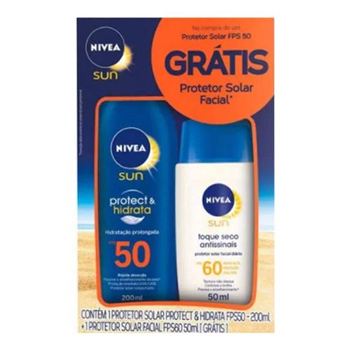 Kit Protetor Solar Nivea Sun Protect & Hidrata FPS 50 200ml + Facial Toque Seco FPS 60 50ml Kit Protetor Solar Nivea Sun Protect & Hidrata FPS 50 200ml + Facial Toque Seco FPS 60 50ml