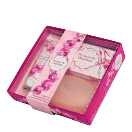 Estojo Sabonetes em Barra Bouquet de Orquídeas 130g - 2 unidades + Creme para Mãos 60g + Saboneteira Estojo Sabonetes em Barra Bouquet de Orquídeas 130g - 2 unidades + Creme para Mãos 60g + Saboneteira