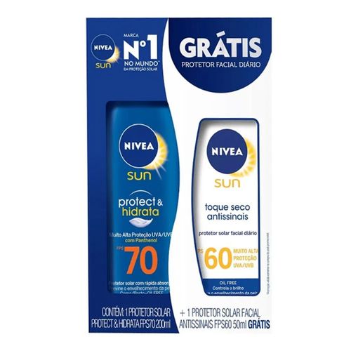 Kit Nivea Sun Protetor Solar Corporal Protect & Hidrata FPS 70 200ml + Protetor Facial Antissinais FPS 60 50ml Kit Nivea Sun Protetor Solar Corporal Protect & Hidrata FPS 70 200ml + Protetor Facial Antissinais FPS 60 50ml
