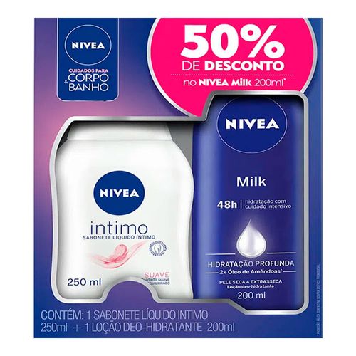 Kit Nivea Sabonete Líquido Íntimo Suave 250ml + Loção Hidratante Milk 200ml Kit Nivea Sabonete Líquido Íntimo Suave 250ml + Loção Hidratante Milk 200ml