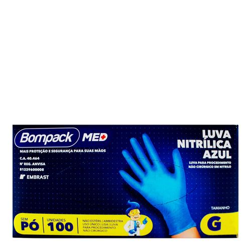 Luva Nitrílica Bompack Azul Sem Pó Tamanho G 100 Unidades Luva Nitrílica Bompack Azul Sem Pó Tamanho G 100 Unidades