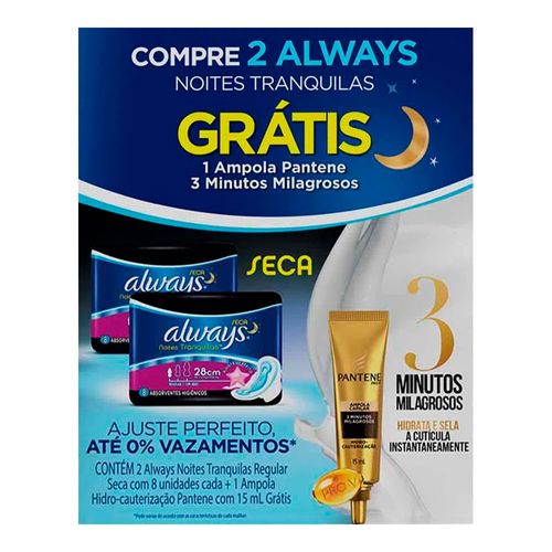 Kit 2 Absorvente Always Noturno com Abas Seca 8 Unidades + Ampola Pantene