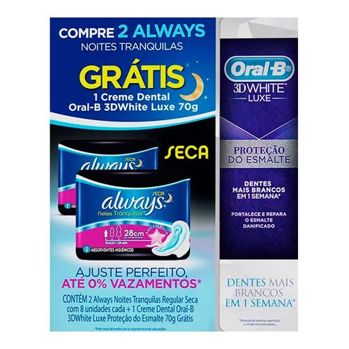 Kit 2 Absorvente Always Noturno com Abas Seca 8 Unidades + Creme Dental Oral-B Kit 2 Absorvente Always Noturno com Abas Seca 8 Unidades + Creme Dental Oral-B