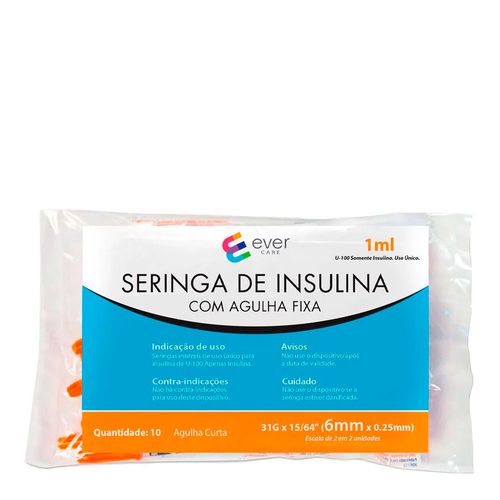 Seringa de Insulina Ever Care 1ml 6mm 10 Unidades Seringa de Insulina Ever Care 1ml 6mm 10 Unidades