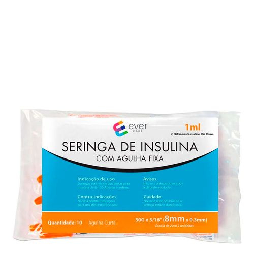 Seringa de Insulina Ever Care 1ml 8mm 10 Unidades Seringa de Insulina Ever Care 1ml 8mm 10 Unidades