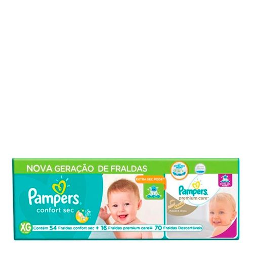 Kit Fralda Descartável Pampers Confort Sec XG 54 Unidades + 16 Fraldas Premium Care XG Kit Fralda Descartável Pampers Confort Sec XG 54 Unidades + 16 Fraldas Premium Care XG