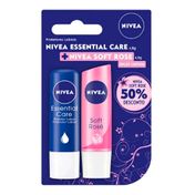 Kit Protetor Labial Nivea Essential Care 4,8g + Nivea Soft Rose 4,8g