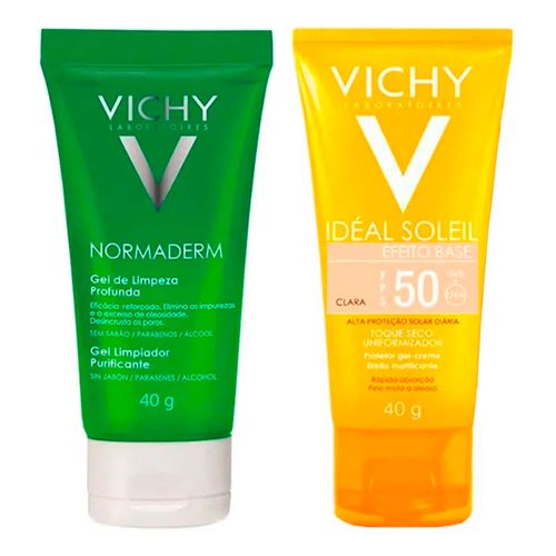 Kit Vichy Protetor Solar Facial Idéal Soleil Efeito Base Cor Clara FPS50 40g + Gel de Limpeza Normaderm 40g Kit Vichy Protetor Solar Facial Idéal Soleil Efeito Base Cor Clara FPS50 40g + Gel de Limpeza Normaderm 40g