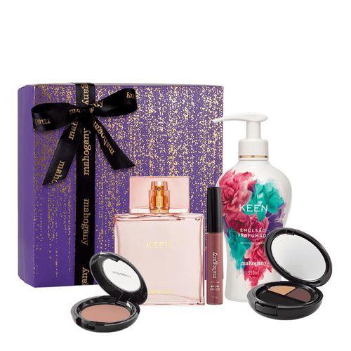Kit Keen com Fragrância, Hidratante, Blush Peach, Duo de Sombras Intense Rose, Batom Líquido Cognac e Caixa Violeta Kit Keen com Fragrância, Hidratante, Blush Peach, Duo de Sombras Intense Rose, Batom Líquido Cognac e Caixa Violeta