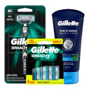 Kit-Gillette-Refil-Para-Barbear-Mach3-4-Unidades---Aparelho-de-Barbear-Recarregavel-Mach3---1-Refil---Creme-para-Barbear-150ml
